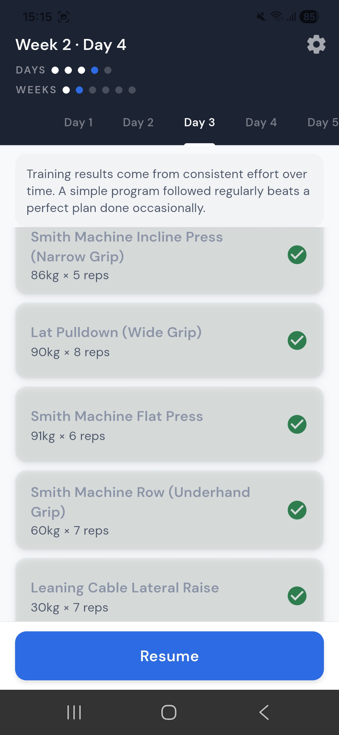 Completed week with sessions logged