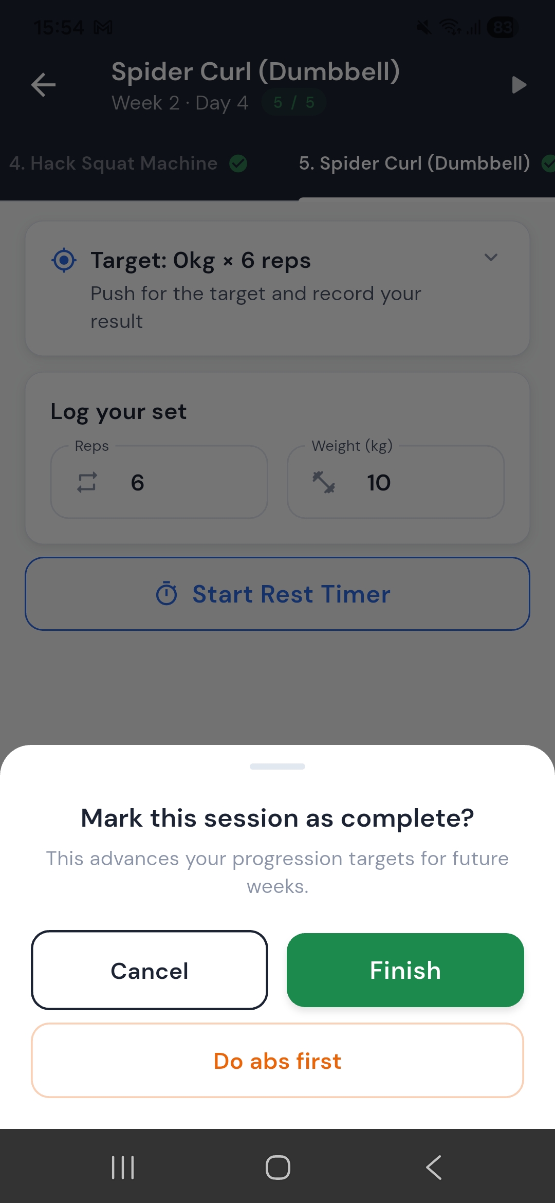 Session complete: log workout or add a finisher