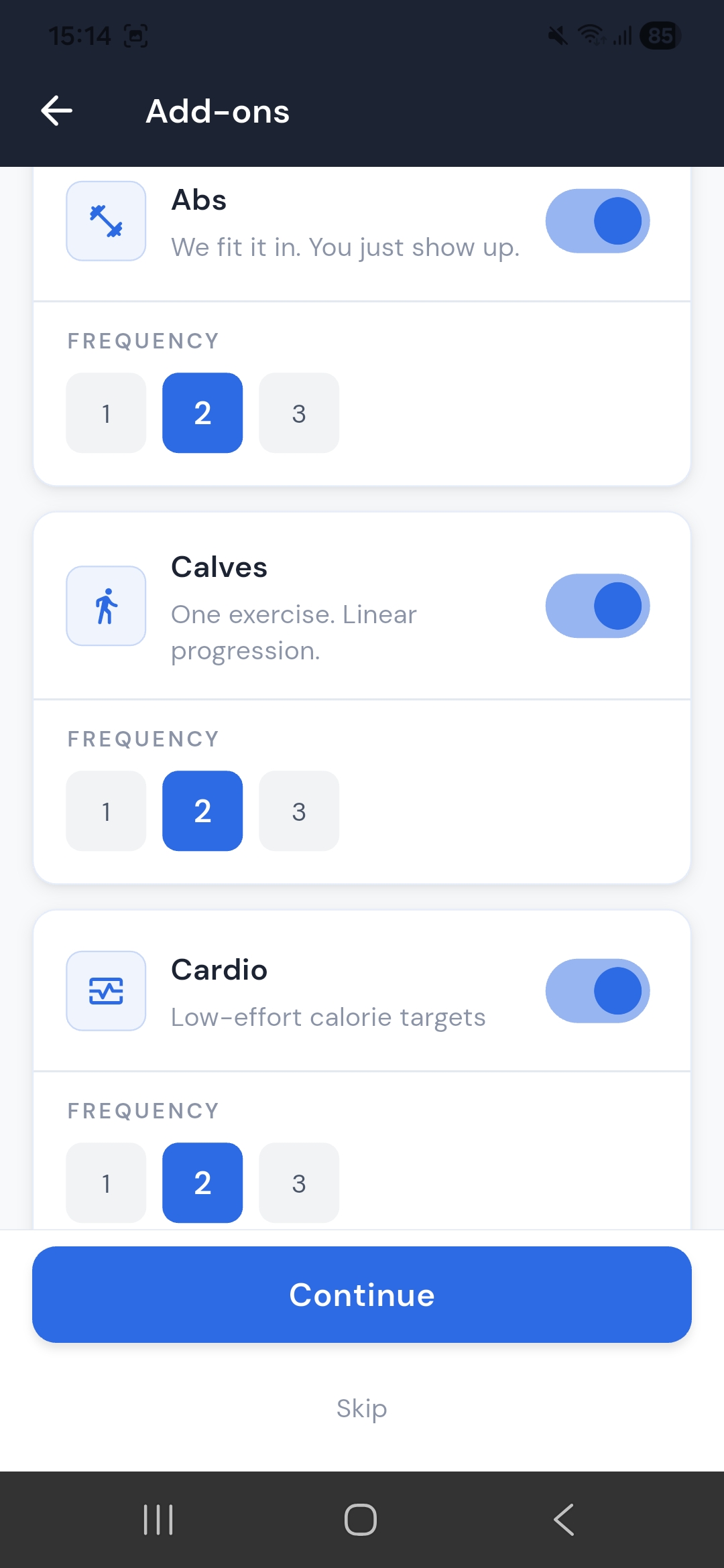 Add-ons: Abs, calves, and cardio toggles