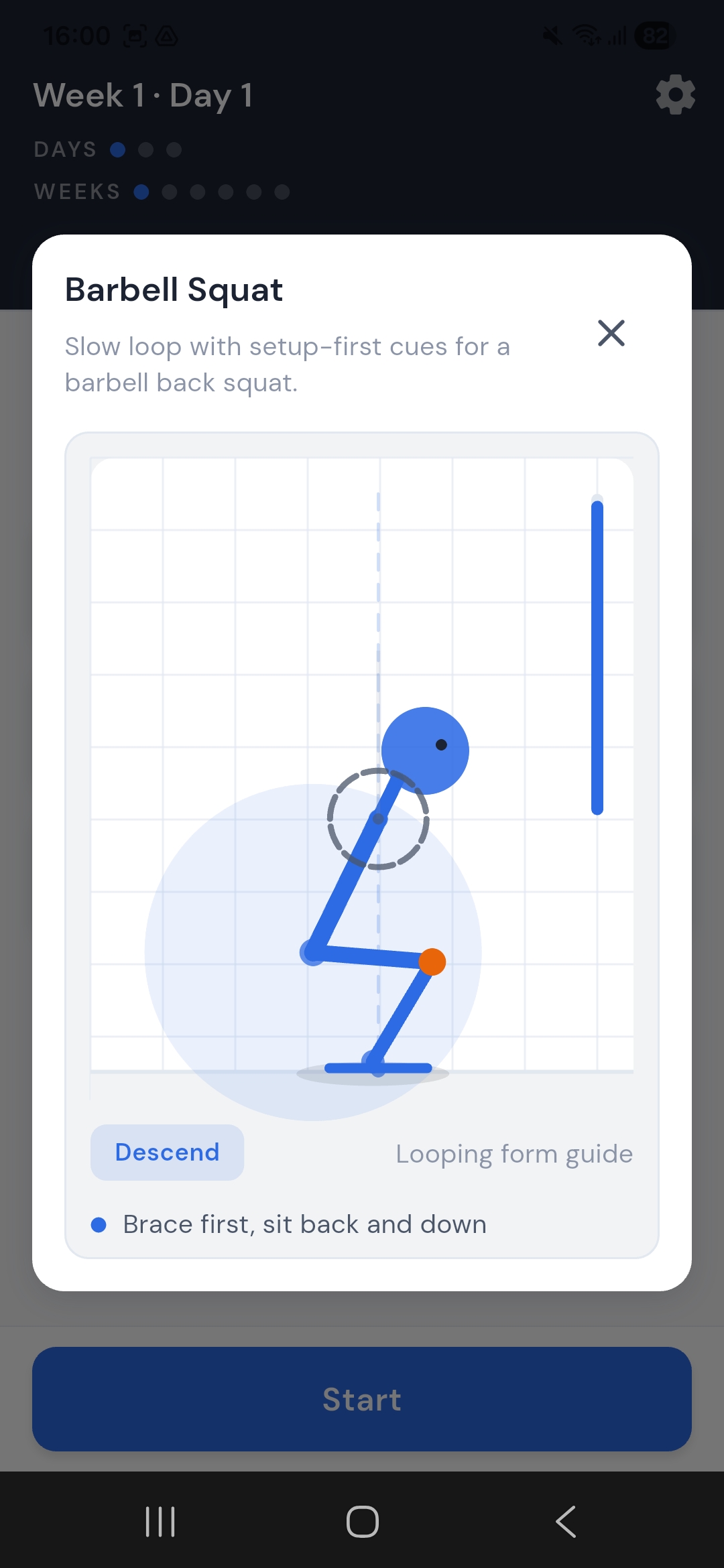 Form coaching animation with cues for a barbell squat