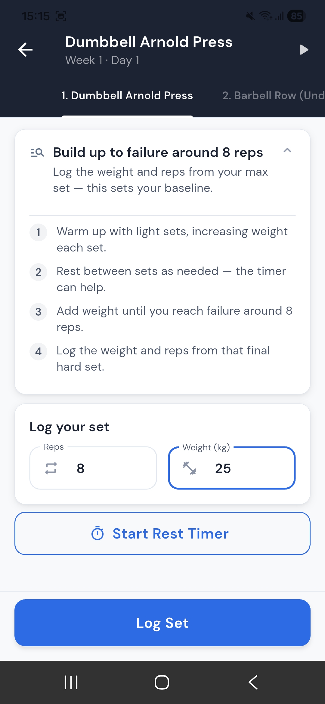 Week 1 logging: target reps and failure range for an exercise